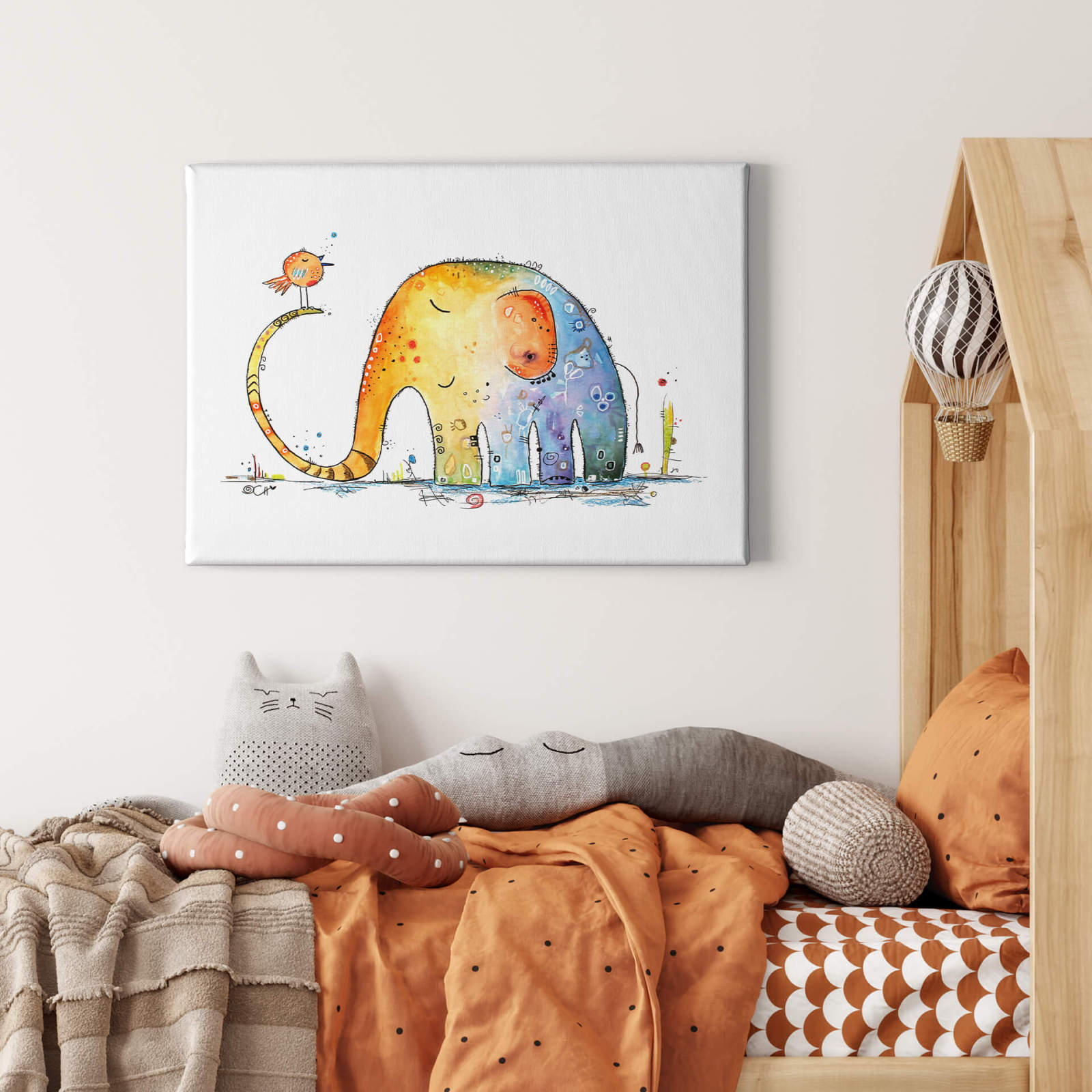 Leinwandbild ELEFANT UND VOGEL - blau-gelb - 70x50 cm