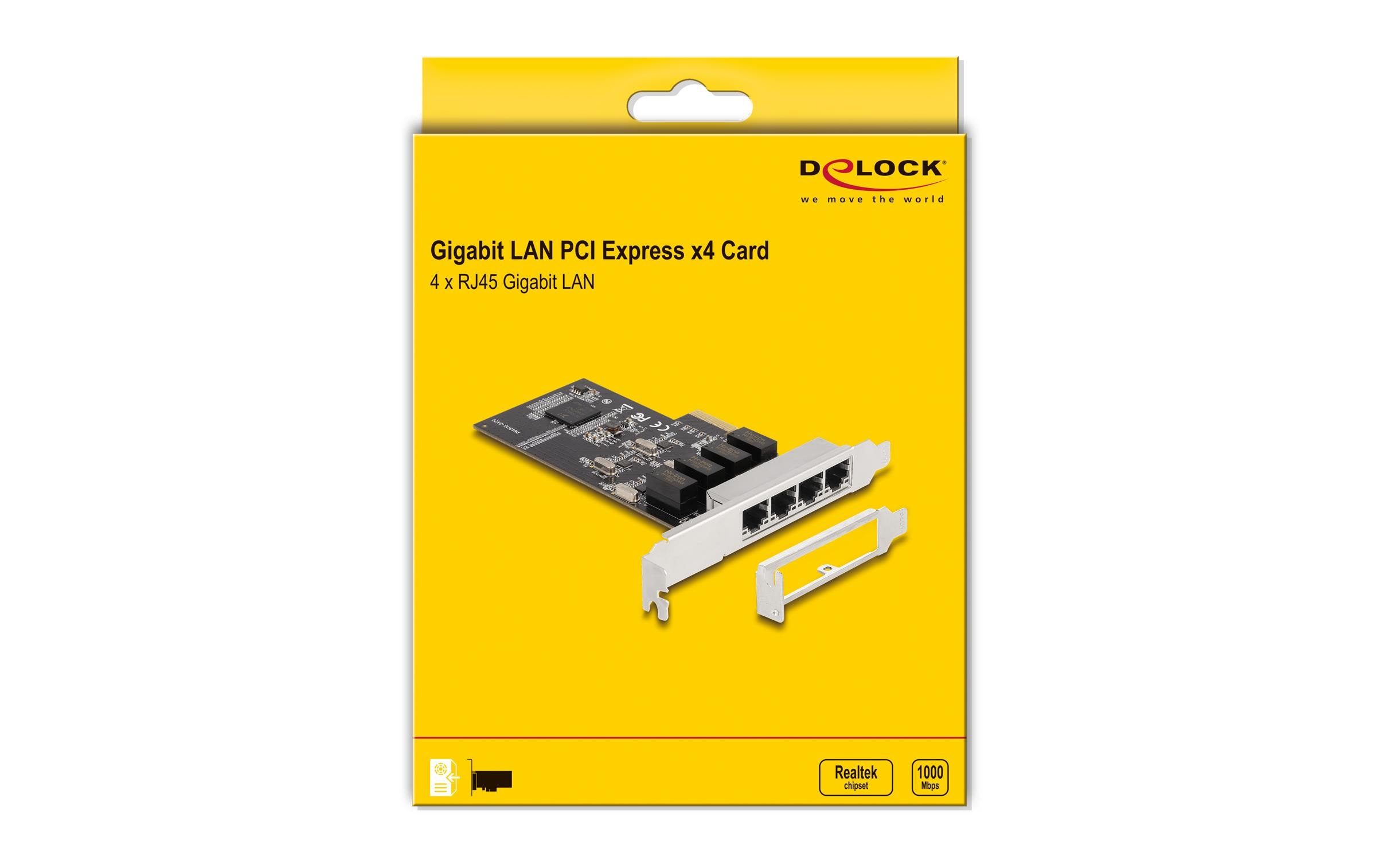 Netzwerkkarte 4x RJ45 1Gbps, PCI-Express x4<br>Delock PCI Express x4 Karte 4 x RJ45 Gigabit LAN RTL8111