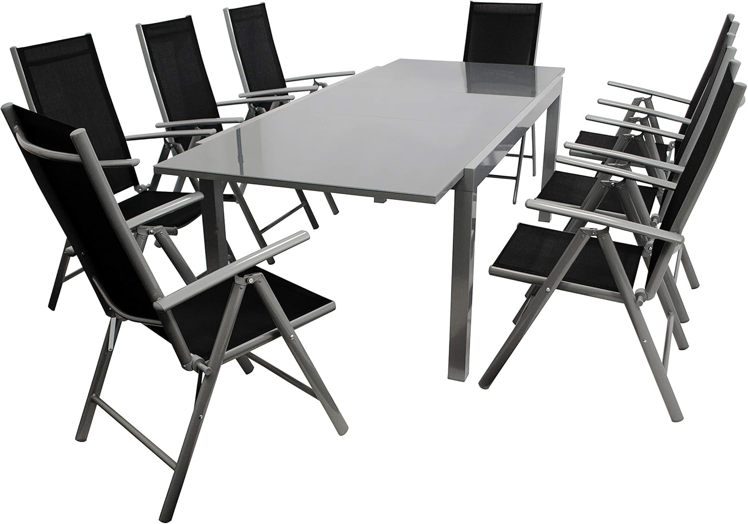 DEGAMO Gartengarnitur Marina 9-teilig, 8X Hochlehner und 1x Ausziehtisch Aluminium mit Glasplatte 180/240x100cm, Outdoor