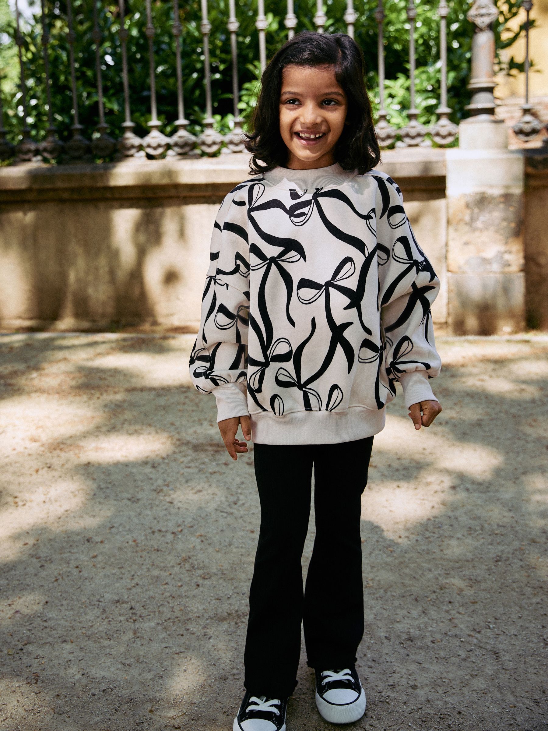 Crème strik/Zwart - Set van sweatshirt en geribbelde flared broek (3-16jr)
