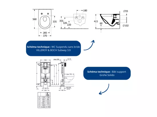 Pack WC Suspendu sans bride VILLEROY & BOCH Subway 3.0 avec abattant frein de chute + Bâti support GROHE + plaque chromée