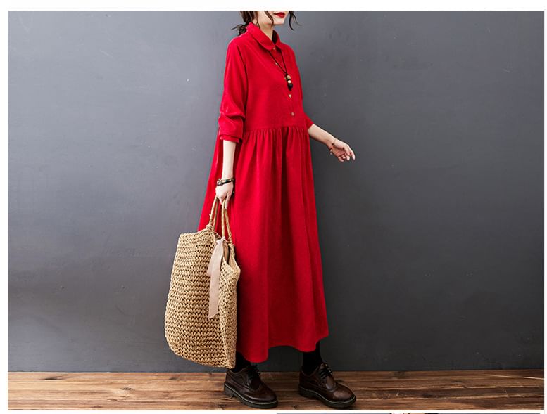 Lucuna - Lange mouwen, kraag, effen corduroy midi-lijn jurk