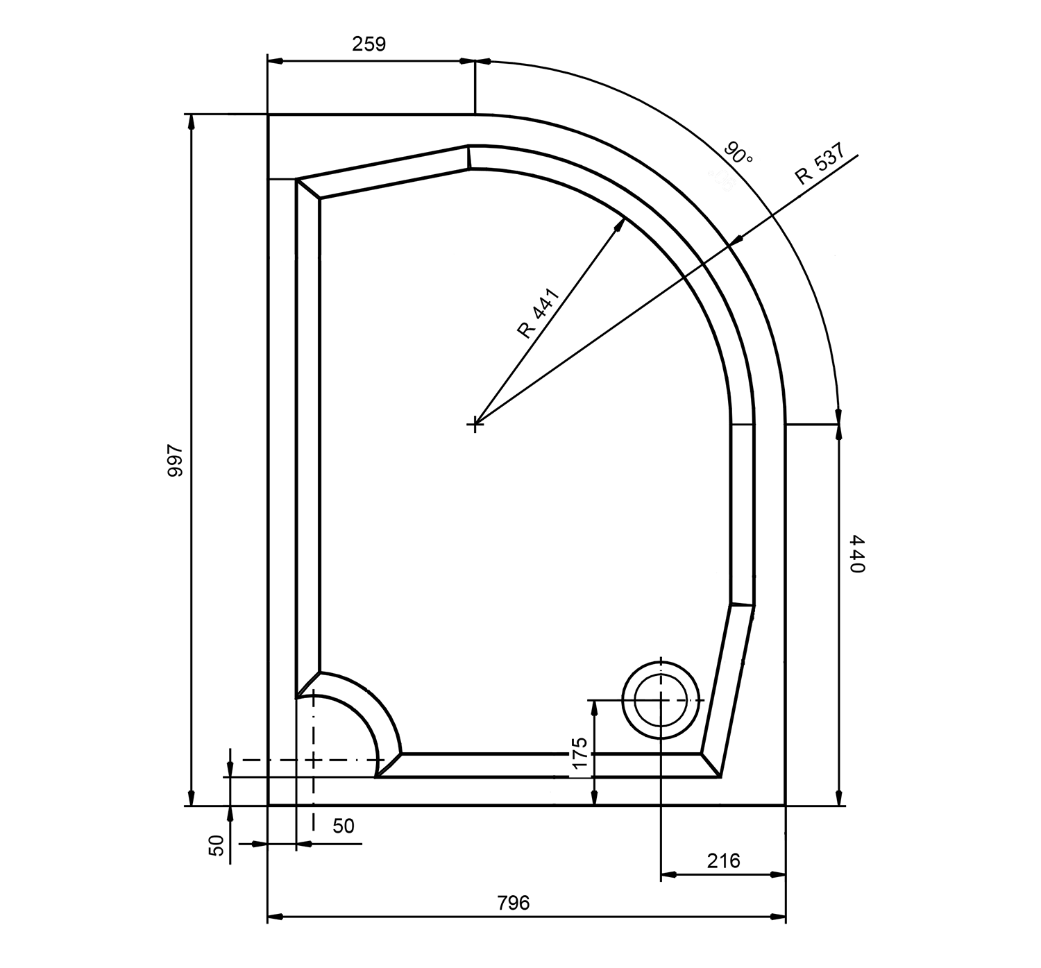 Gelco Riva kwartronde douchebak 100x80cm links wit