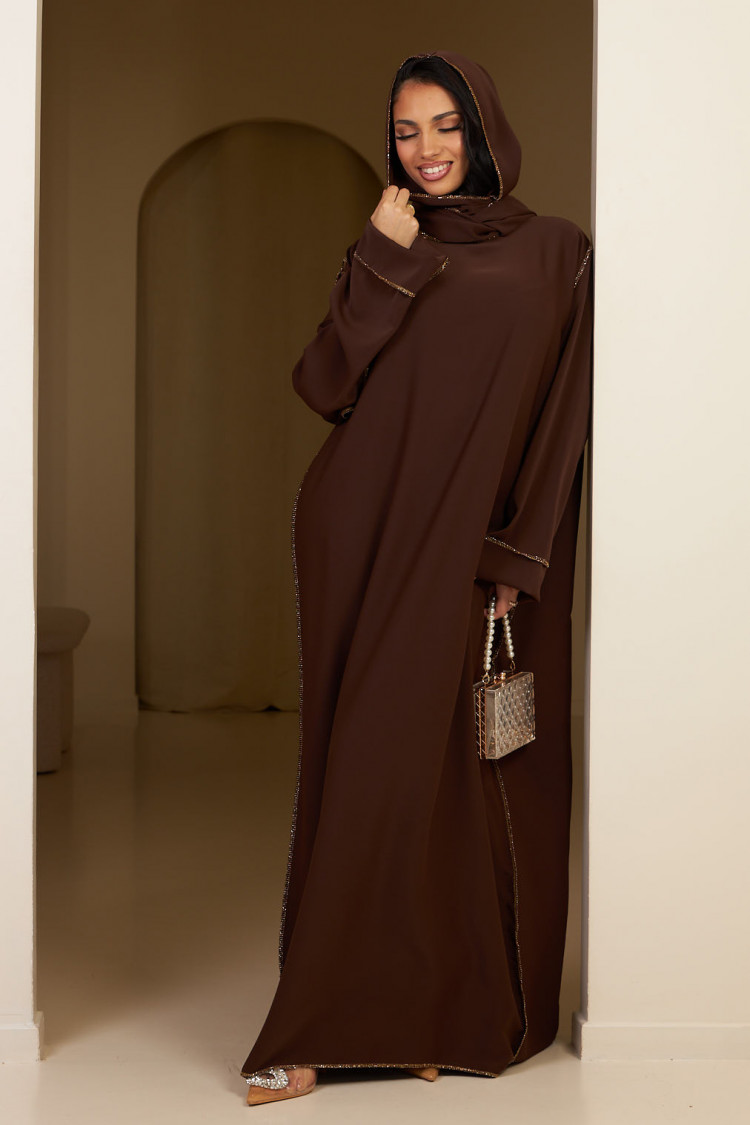 Abaya marron avec voile intégré à couture dorée
