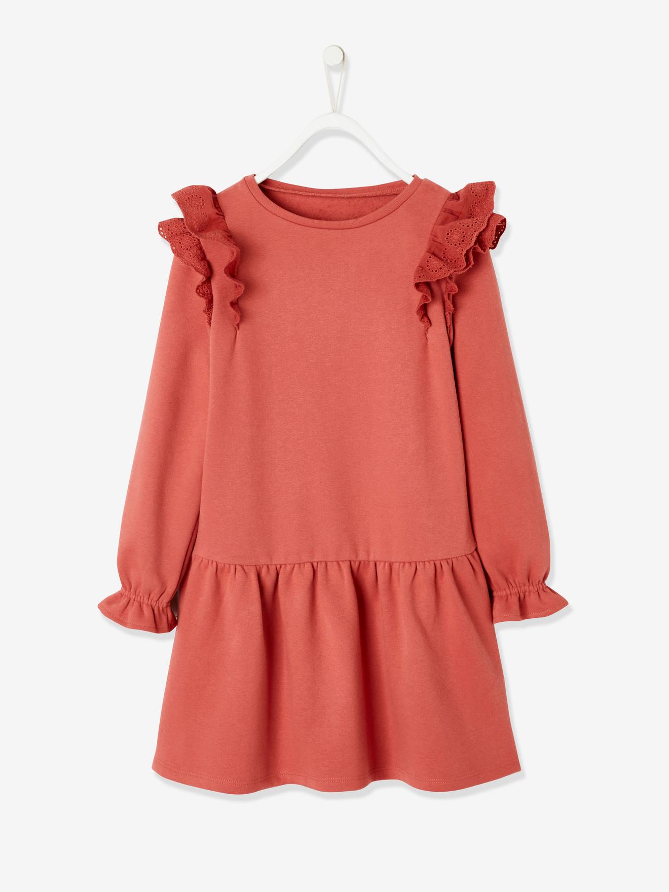 Vestido de pelúcia com babados bordados à inglesa, para meninas, cor marrom claro lisa