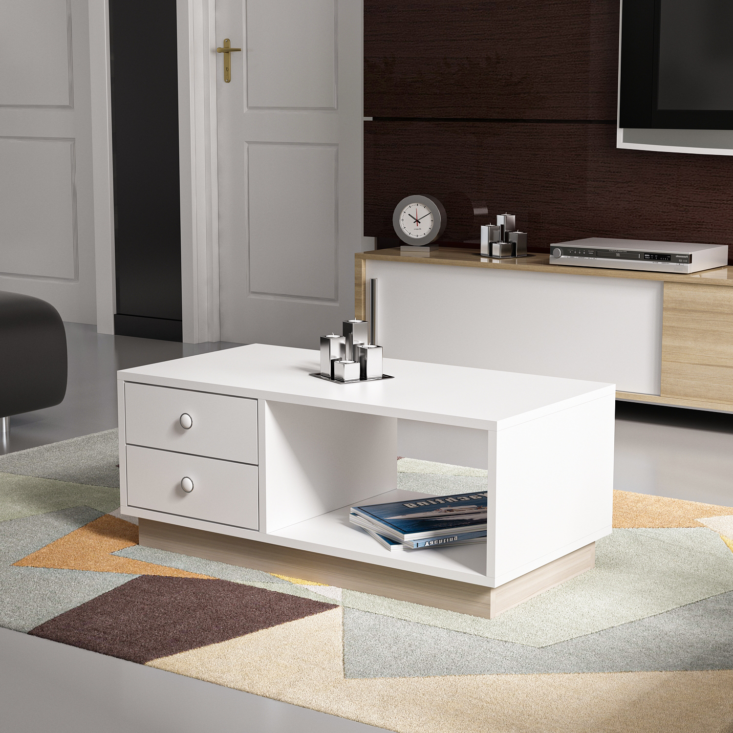 Couchtisch - weiß - 2 Schubladen - 90 cm