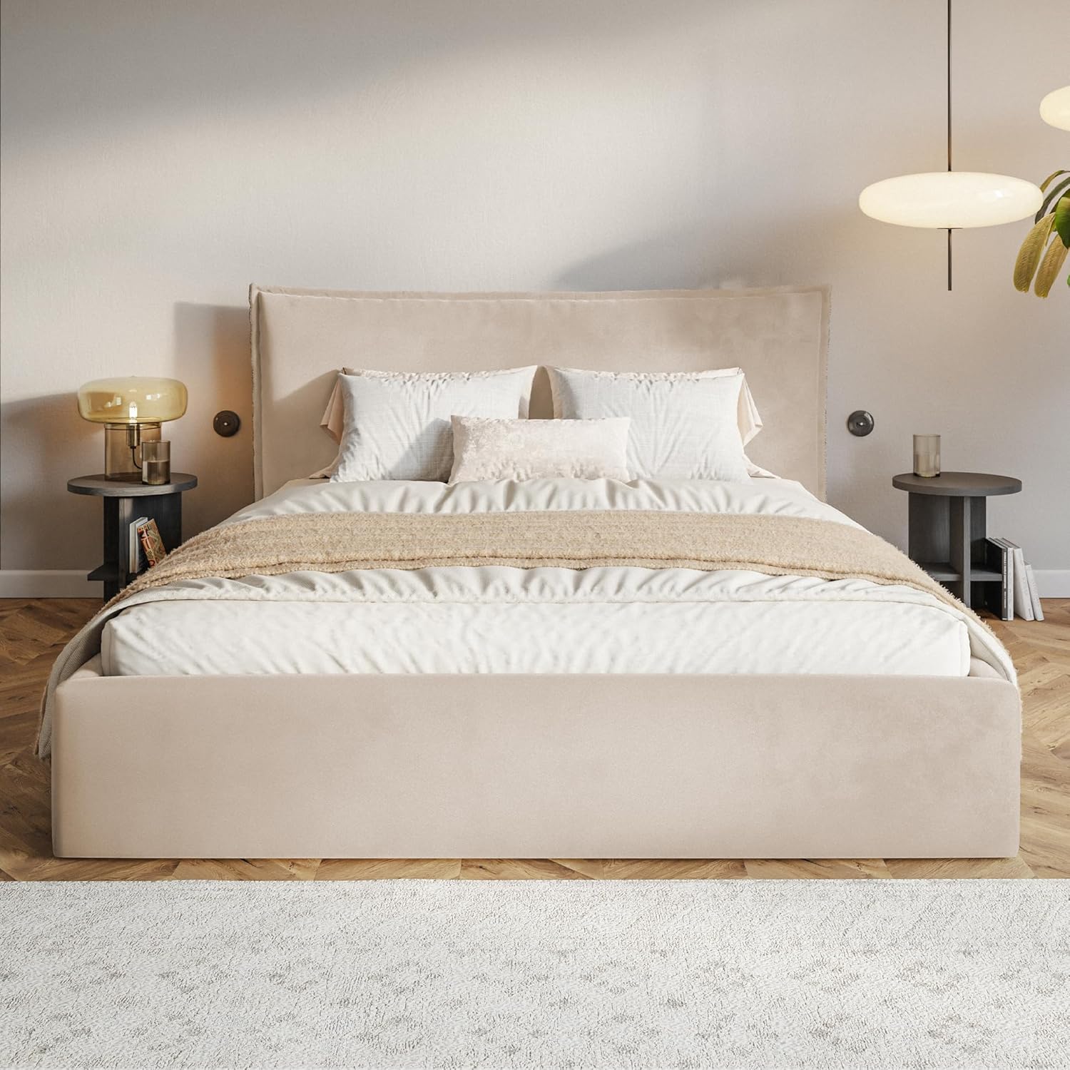 Leno Bett 200x200 Beige Samt, mit Stauraum, mit Kopfteil, mit Lattenrost, ohne Füße, ohne Matratze, Polsterbett 200x200 mit Bettkasten Beige (Creme)