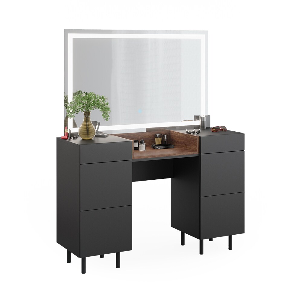 Vicco Schminktisch Anika 120 x 80 cm mit LED-Spiegel, Anthrazit-Walnussbraun, Schlafzimmer