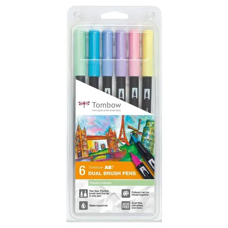 Tombow Fasermaler Dual Brush Pen mit zwei Spitzen 6er Set, pastellfarben