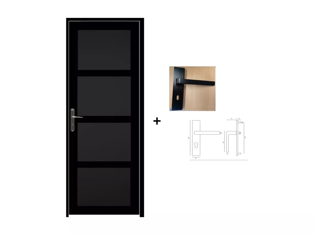 Bloc Porte Telia Noir 4 Panneaux H204 X L73 Poussant Droite Cotes Tableau +poignee Gd Menuiseries