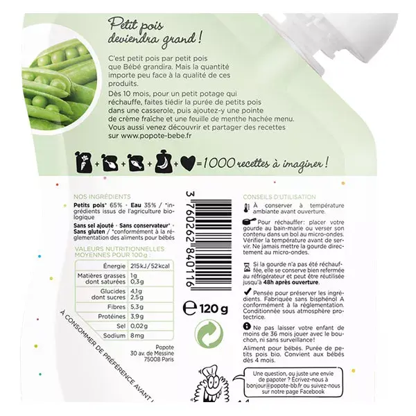 Sachê de Vegetais Popote Ervilhas Pequenas Orgânicas +4m 120g
