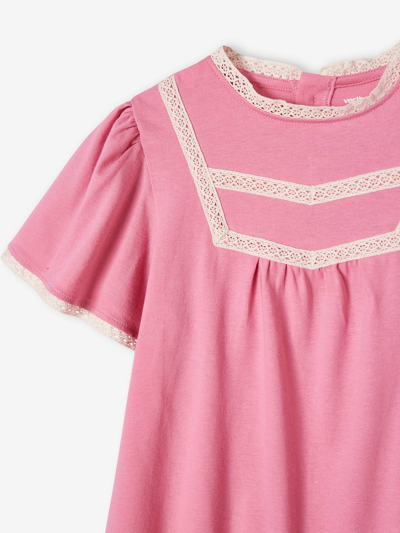 Blusa rosa chiclete estilo camiseta com detalhes em tricô vazado para meninas