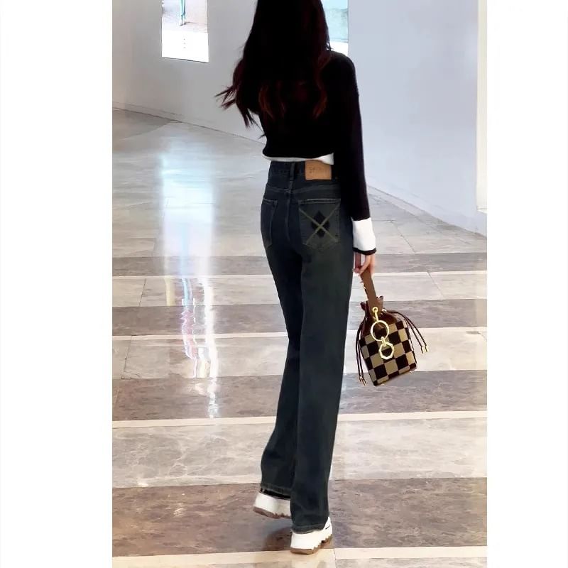 hollybunbur - Hoge taille appliqué gewassen rechte jeans