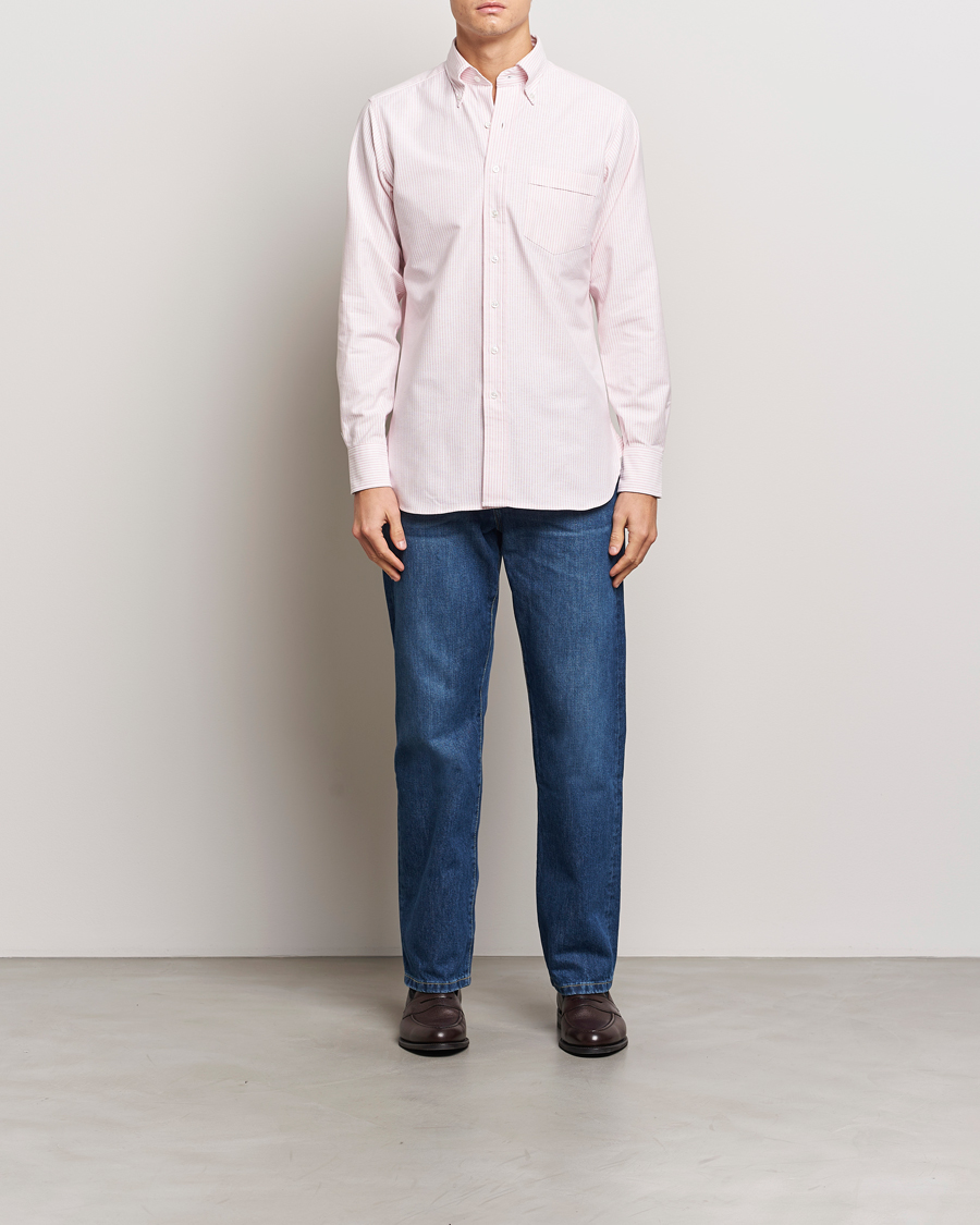 Drake's Striped Button Down Oxford Shirt Pink