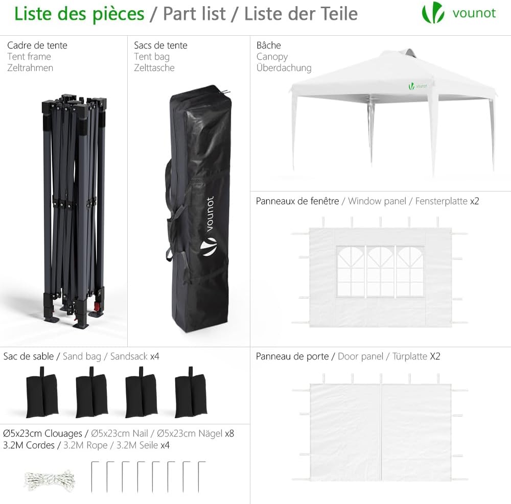VOUNOT® Pavillon 3x3m Wasserdicht Stabil Winterfest, Pop Up Faltpavillon mit 4 Seitenteilen und 6 Sandsäcke, Faltbar Partyzelt Gartenzelt Gartenpavillon inkl. Tasche, Weiß