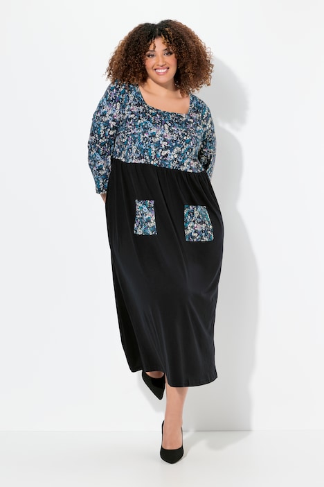 Jersey-Maxikleid, Blüten, Carree-Ausschnitt, 3/4-Arm