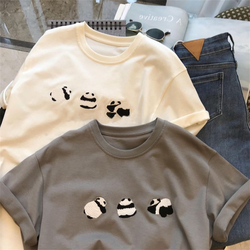 Rosesand - T-shirt met korte mouwen en ronde hals en geborduurde panda