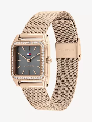 Relógio Cration com pulseira de malha quadrada banhada a ouro