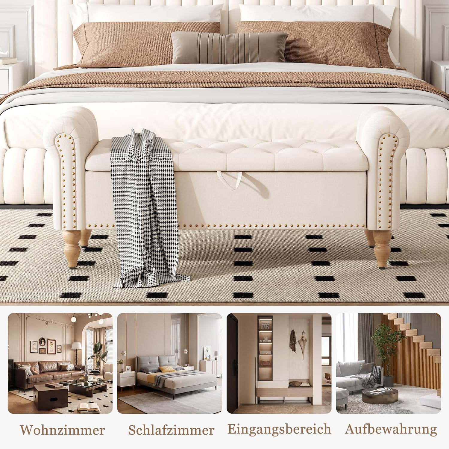 Sitzbank mit Stauraum, Bettbank Aufbewahrungsbox Fußbank 132 x 45 x 53 cm, Polsterbank mit Beinen für Wohnzimmer Schlafzimmer Flur, Beige