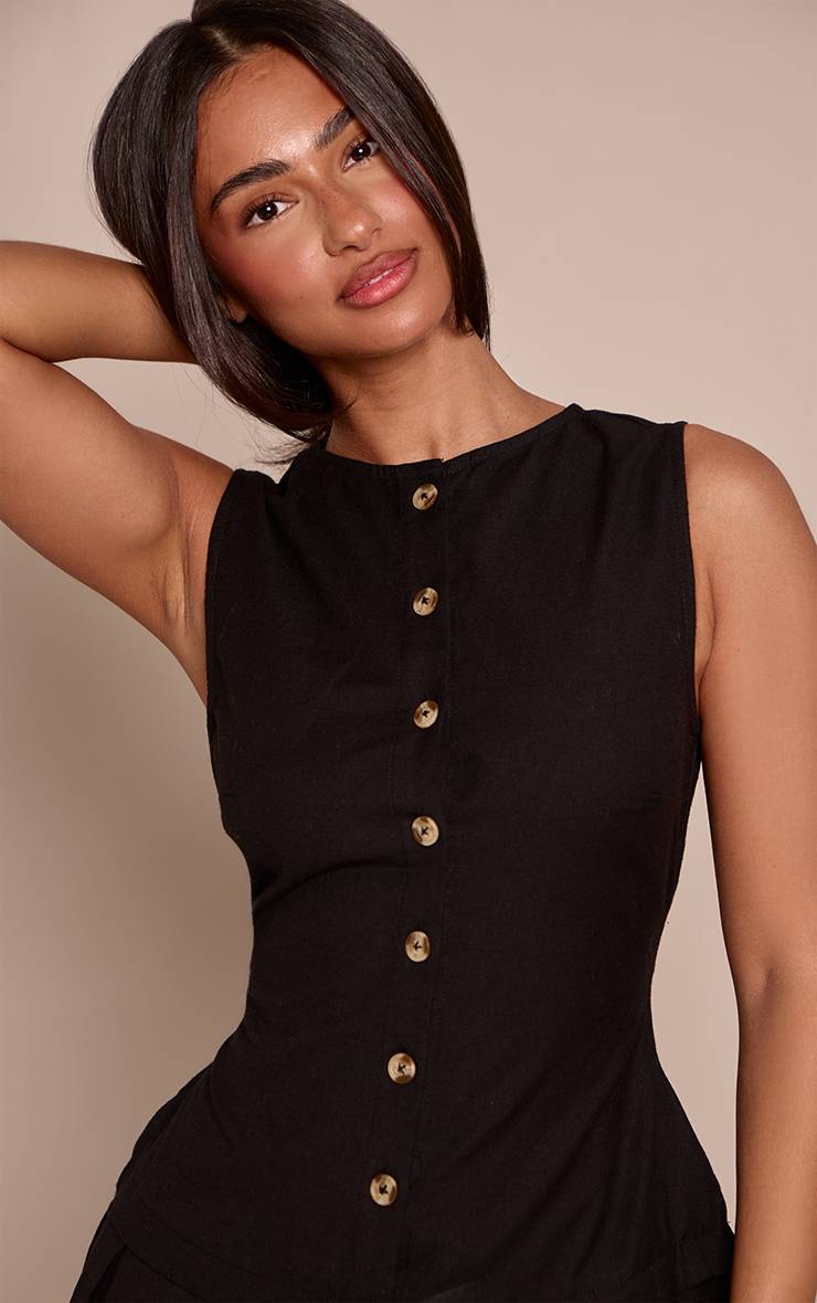 Noir Robe Maxi Taille Basse Boutonnée Effet Lin Petite