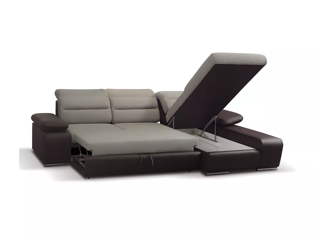 Canapé d'angle convertible en tissu et simili MIRABEAU - Bicolore beige/marron - Angle droit