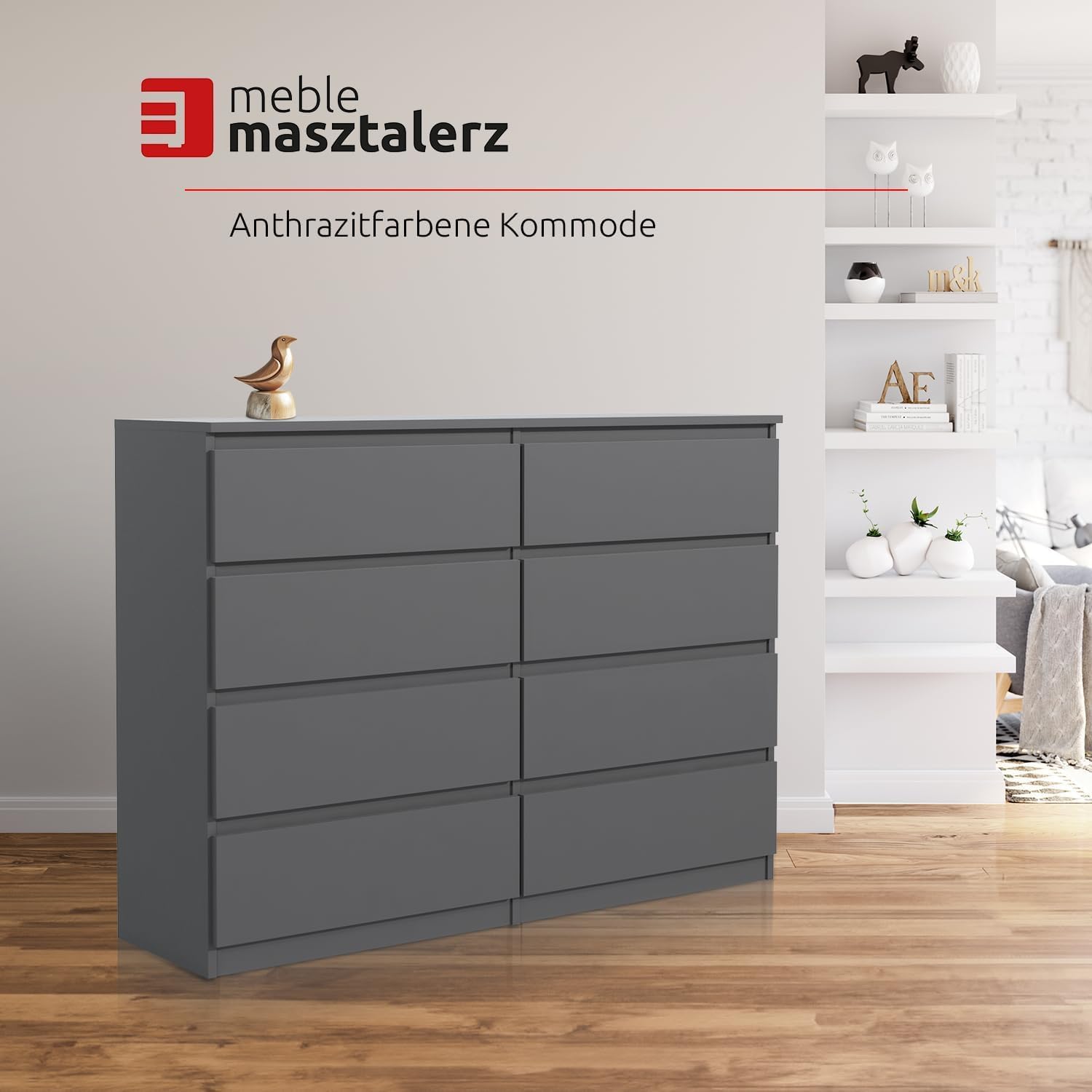 meble masztalerz Kommode 120 cm Breit - Modernes Sideboard - Schrank mit 8 Schubladen - Schubladenschrank - Kommodenschrank für Wohnzimmer, Flur, Schlafzimmer - Anthrazit 120x101,5x39 cm