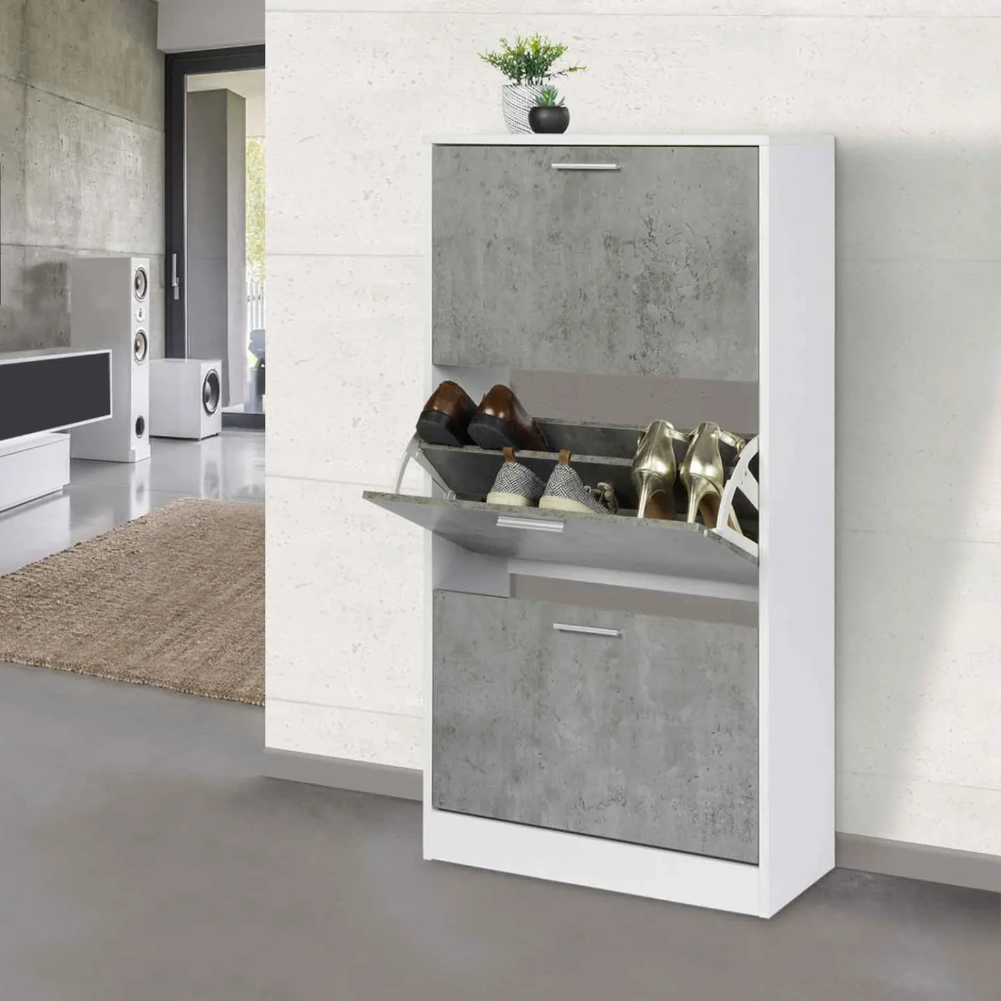 Meuble à chaussures 18 paires KLARK blanc 3 portes effet béton
