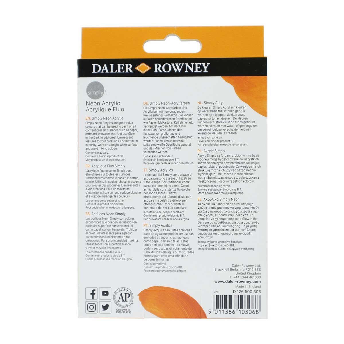 Daler Rowney Simply Acrylic Neon Paint Set : 6x12ml