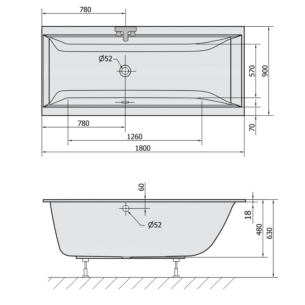 Polysan Cleo Slim ligbad 180x90x48cm wit