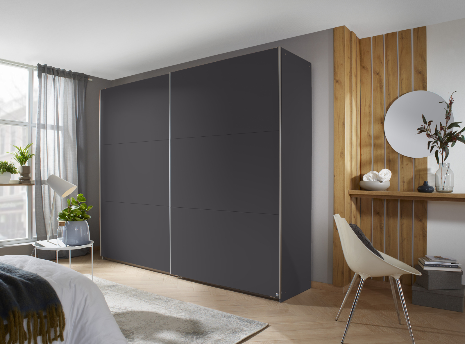 Schwebetürenschrank - grau-metallic - 3 Fachböden - 261 cm