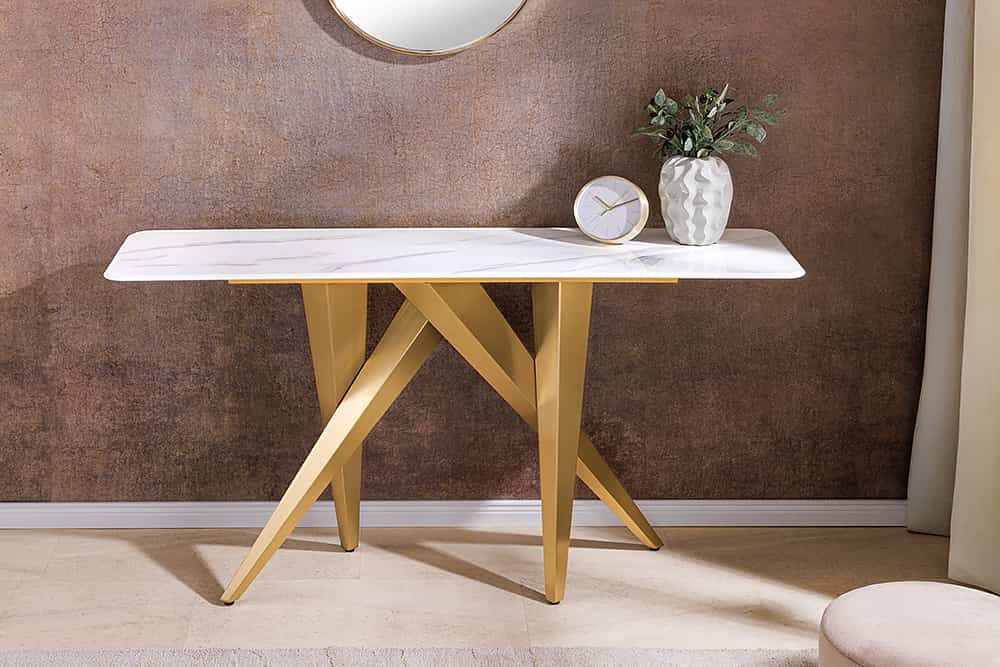 Design Konsolentisch ART LIVING 140cm weiß Marmor Keramik champagner gold brushed