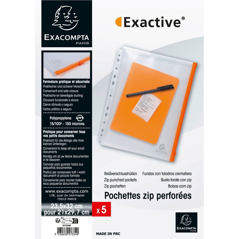 Pochettes de rangement à zip perforées A4 Exacompta Exactive incolore - Sachet de 5