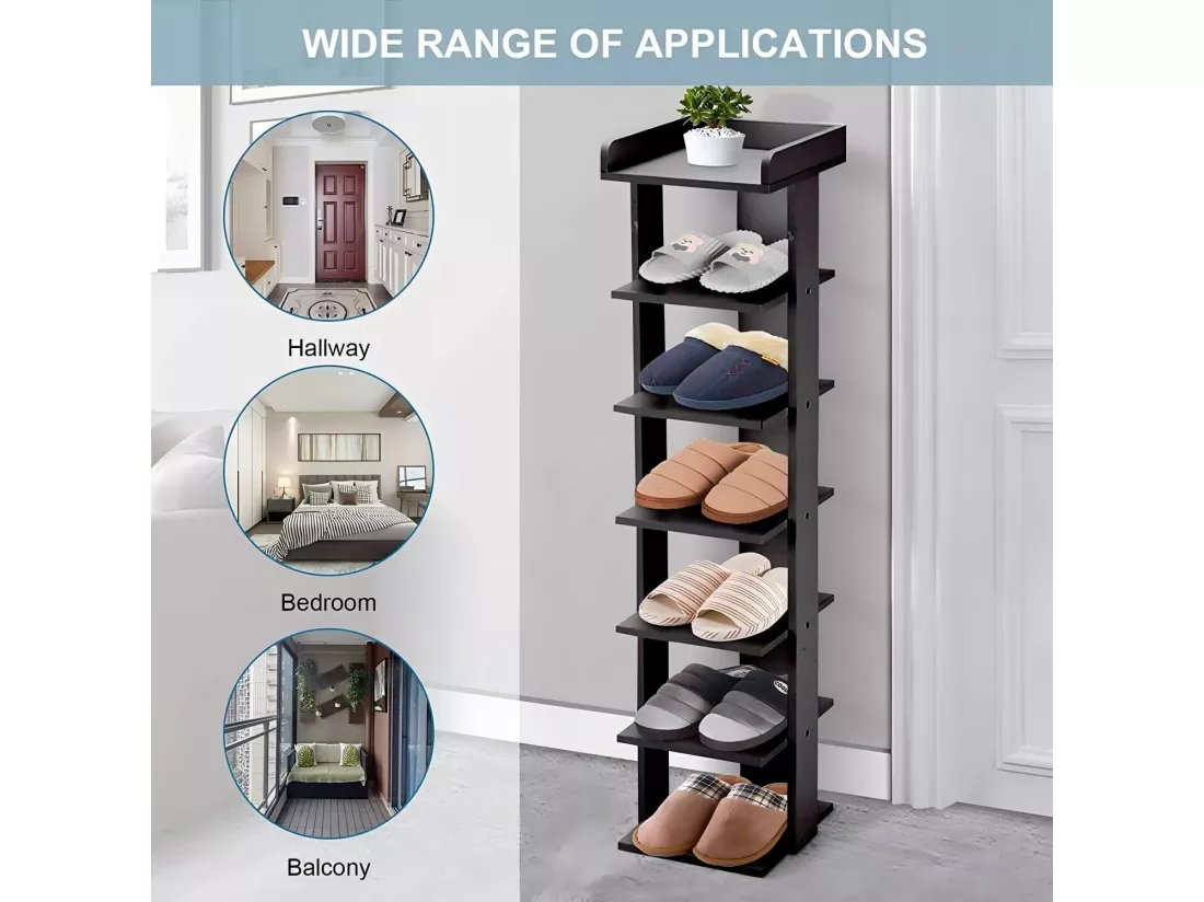 Meuble à chaussures PVC 7 Niveaux,Armoire à Chaussures avec étagère réglable pour Entrée,Salon,Chambre - 26x25x96cm - Noir