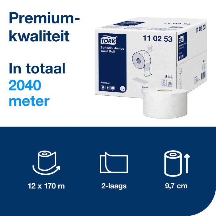 Tork 110253 Premium toiletpapier mini jumbo 2-lgs wit 170 mtr x 10 cm doos à 12 rol/850 vel (110253)