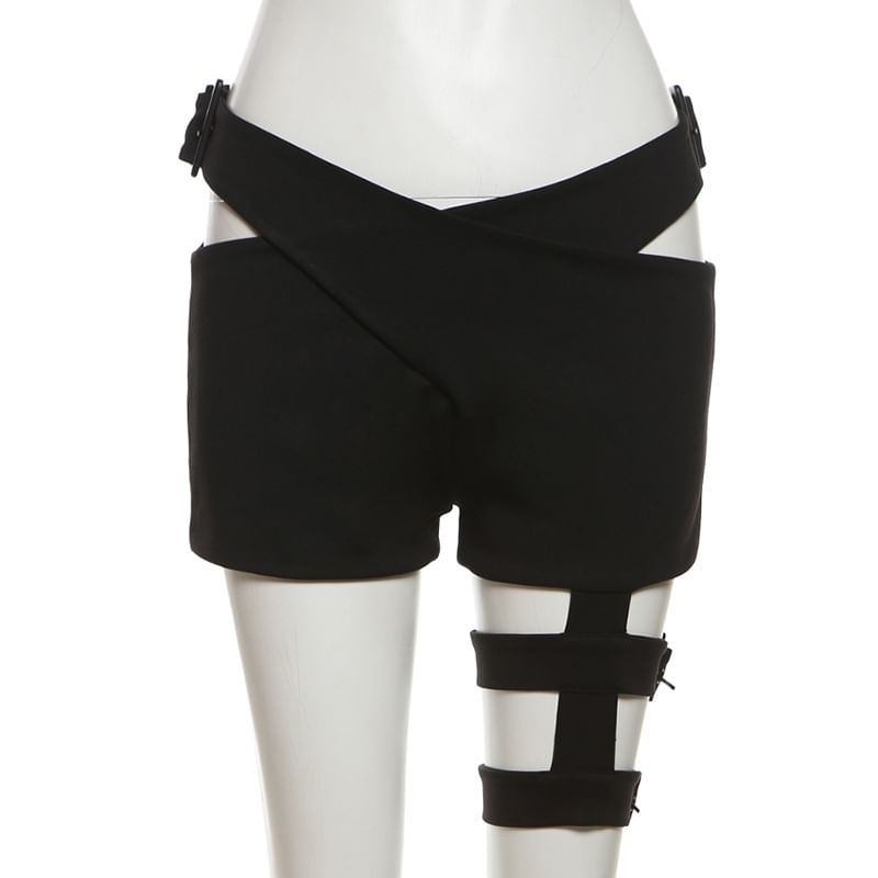 HERMITAKH - Lage, effen, gekruiste, gespvormige hotpants met uitsnijdingen