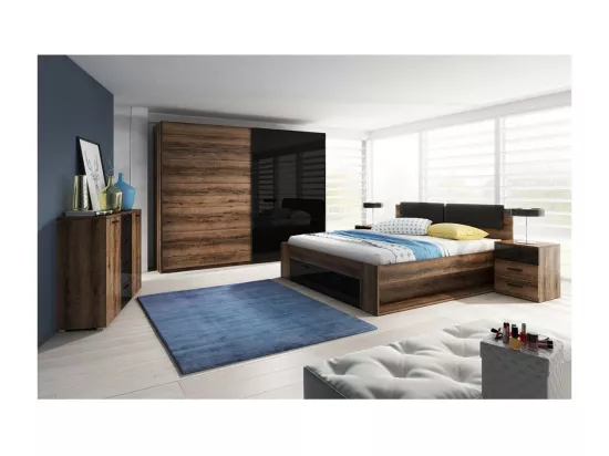 Chambre à coucher FLOYD : Armoire 220cm, Lit 140x200, commode, chevets. Couleur chêne foncé et noir brillant