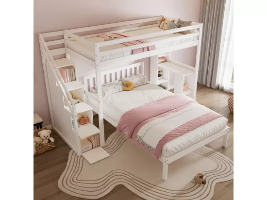 Lit superposé 90x200 cm + 120x200 cm - avec escalier de rangement et étagères de rangement - Pin et MDF - Blanc