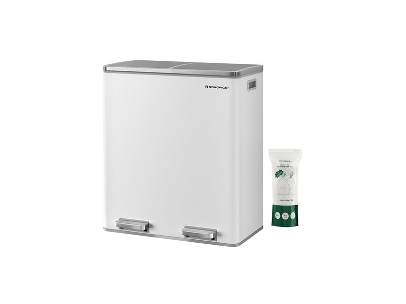 Songmics Abfalleimer Mülleimer 60 l, Weiss Treteimer mit zwei Fächern