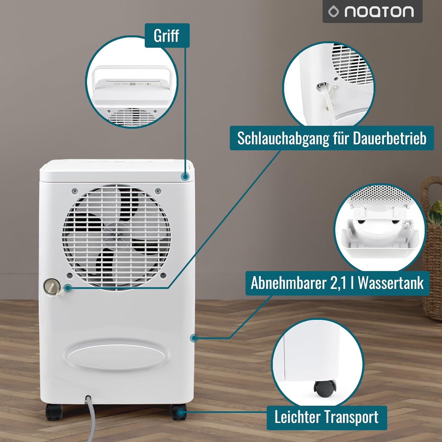 Déshumidificateur Noaton DF 4110, max 11.5L/24h, taille de la pièce env. 65 m³ (~25 m²), 230 W, réservoir d'eau de 2.1l, tuyau d'évacuation, minuterie, avec capteur d'humidité - Contre la moisissure
