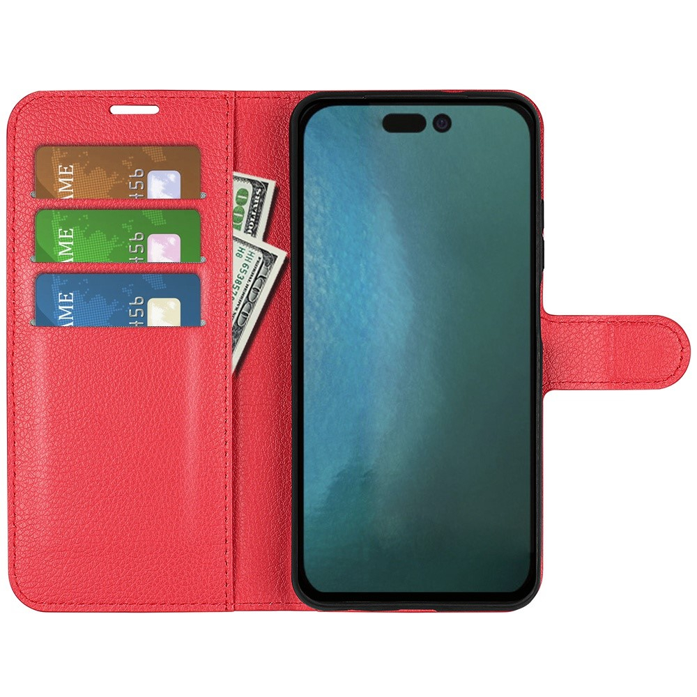 iPhone 14 Pro Leder Tasche Flip Cover Litchi Look - Rot