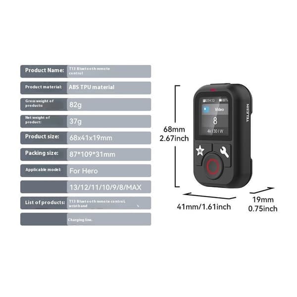 Fjernkontroll for GoPro Hero 13 12 11 10 9 8 GoPro MAX Bluetooth fargeskjerm