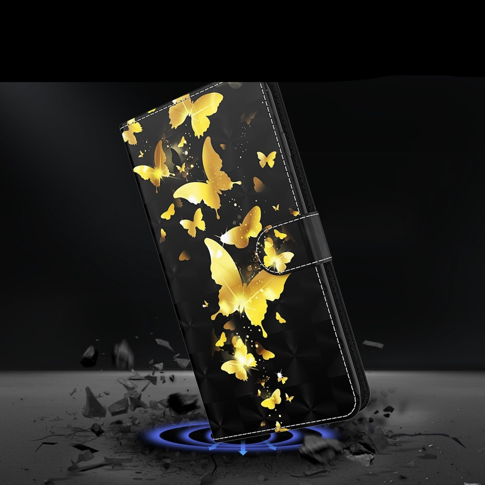 Samsung Galaxy A54 5G Leder Tasche mit Kartenfach   Handschlaufe - Schmetterling (Schwarz / Gold)