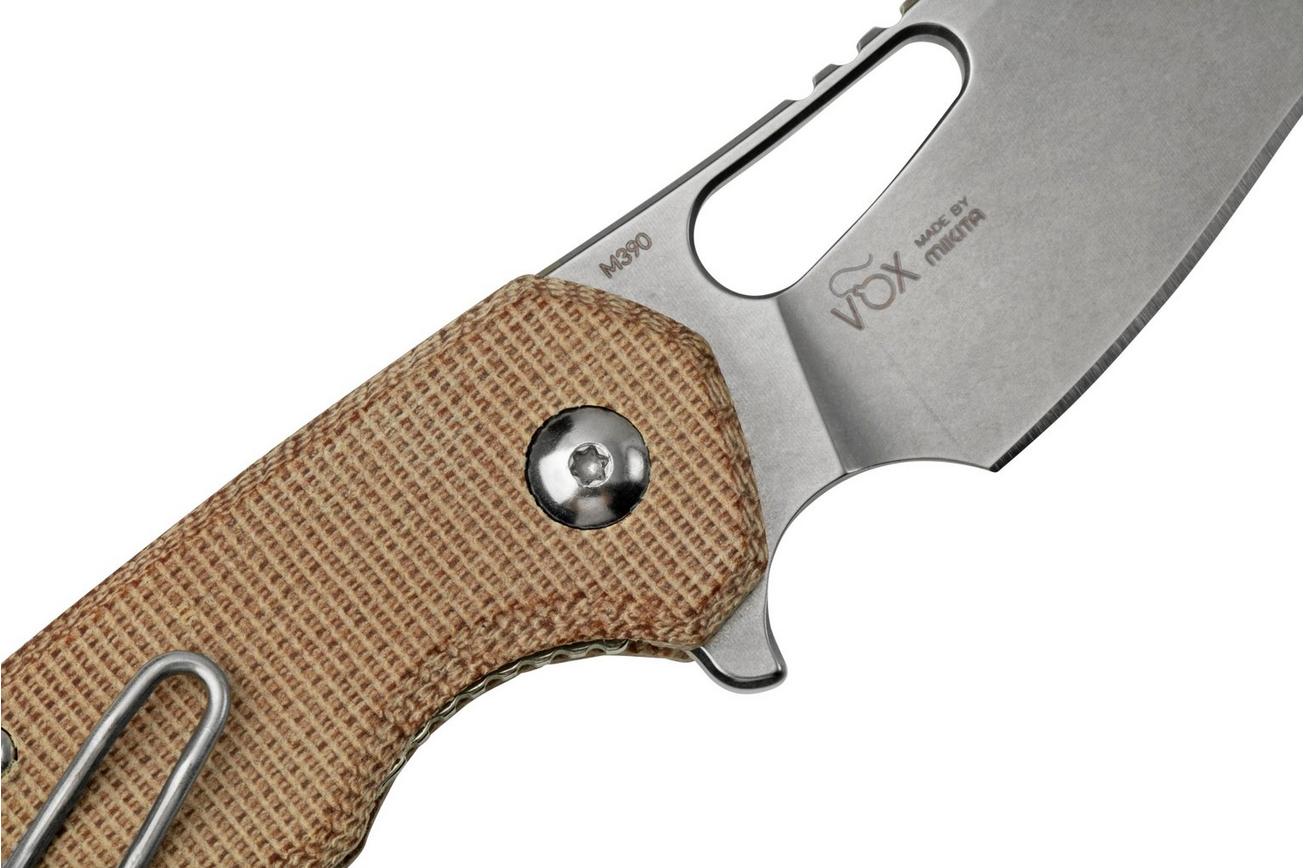MKM Isonzo FX03M-1NC Hawkbill M390, Natural Canvas Micarta zakmes, Jesper Voxnaes design