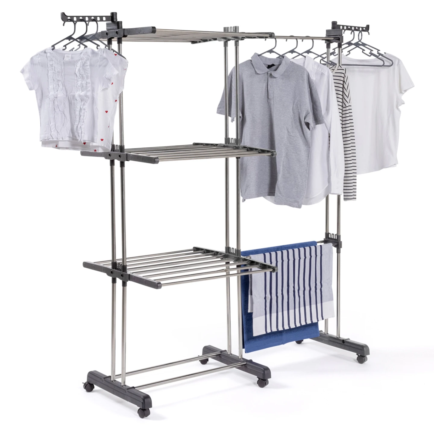 Séchoir à linge vertical pliable et extensible 3 niveaux GIGA capacité 27M avec ceintres et pinces inox et gris