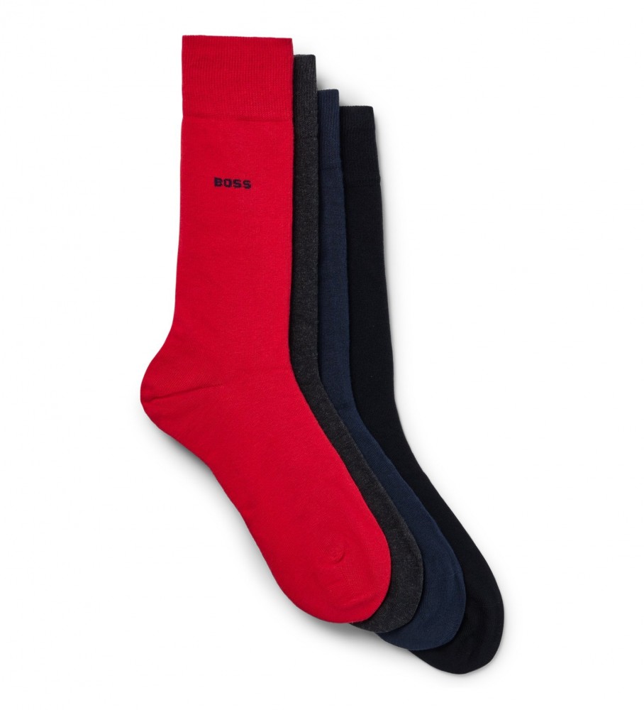 Conjunto de presente BOSS com 4 pares de meias nas cores vermelho, azul-marinho e preto.