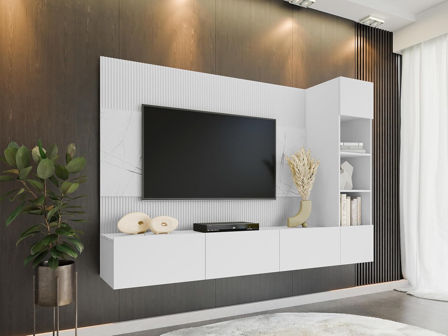 Mirjan24 Wohnwand Deromi, Anbauwand mit Wandpaneele und TV-Lowboard, Akustikplatten, Fernsehschrank, Schrankwand, Mediawand, TV-Lowboard (Weiß + Weiß Marmor, 1x Hängeregal)