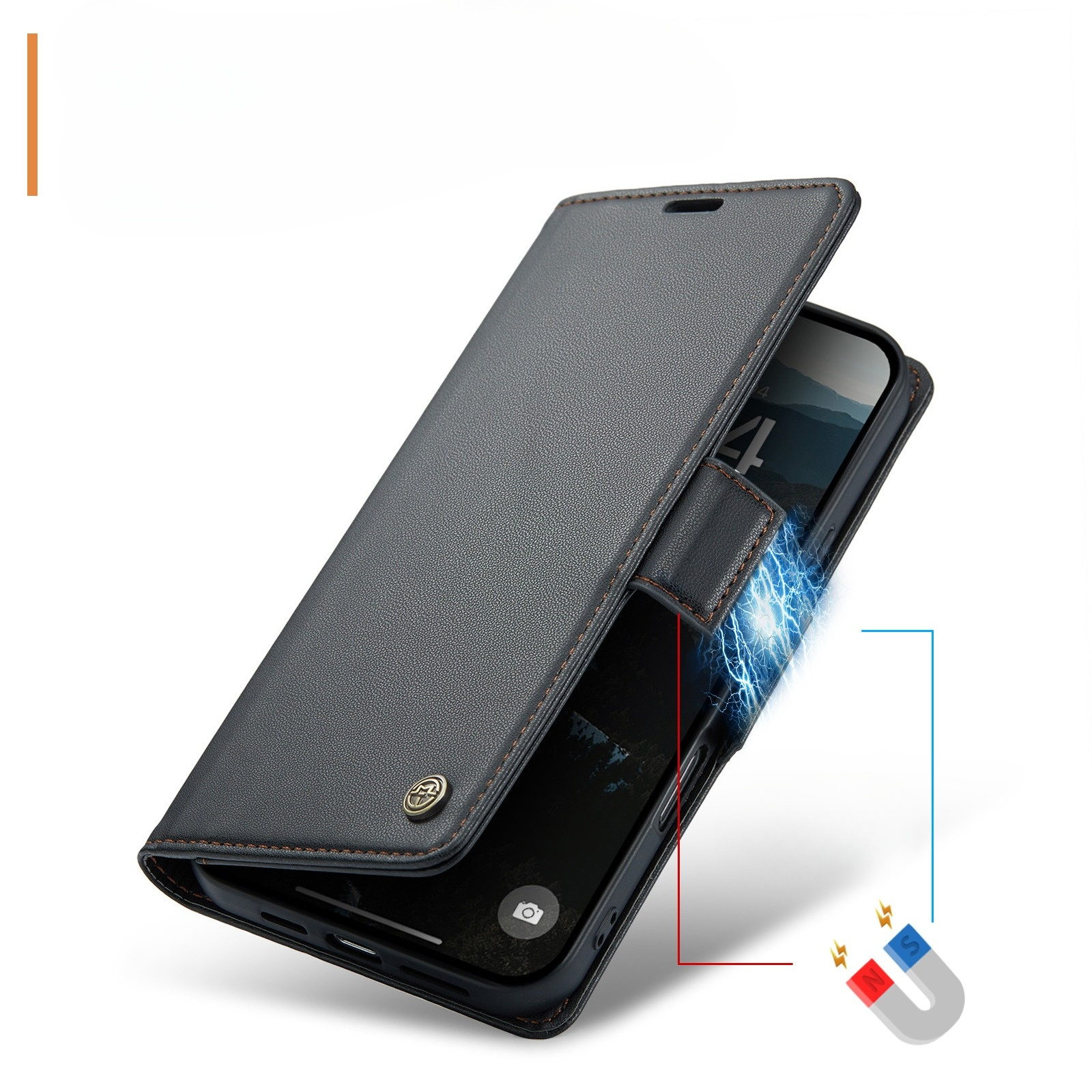 iPhone 17 Pro Leder Tasche Flip Wallet Etui mit Kartenfächern Litchi Look (RFID Schutz) - Schwarz
