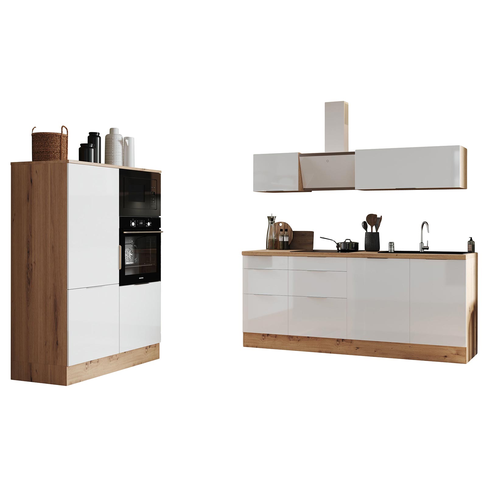 RESPEKTA Küchenblock - weiß Hochglanz - Artisan Eiche - mit E-Geräten - 340 cm