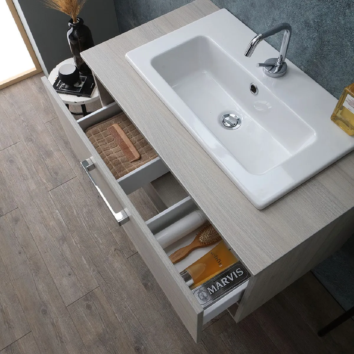 Kiamami Valentina Armoire Mural Chêne Gris Lavabo Lotto