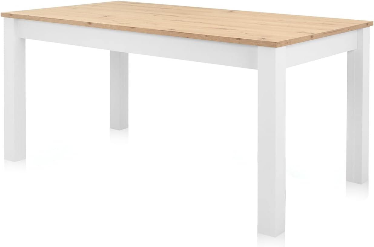 KHG Esstisch ausziehbar weiß Landhaus, Küchen-Tisch aus Holzwerkstoff weiß foliert, Deckplatte Holzoptik Asteiche foliert, 100kg belastbar, 160-215 x 75 x 90 cm (B/H/T)